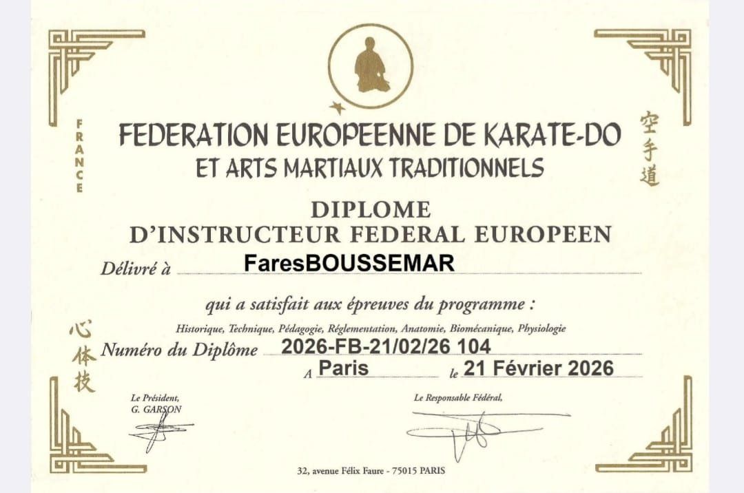 Diplôme d'instructeur fédéral européen de la Fédération européenne de karaté-do et arts martiaux traditionnels, délivré à un encadrant du club.